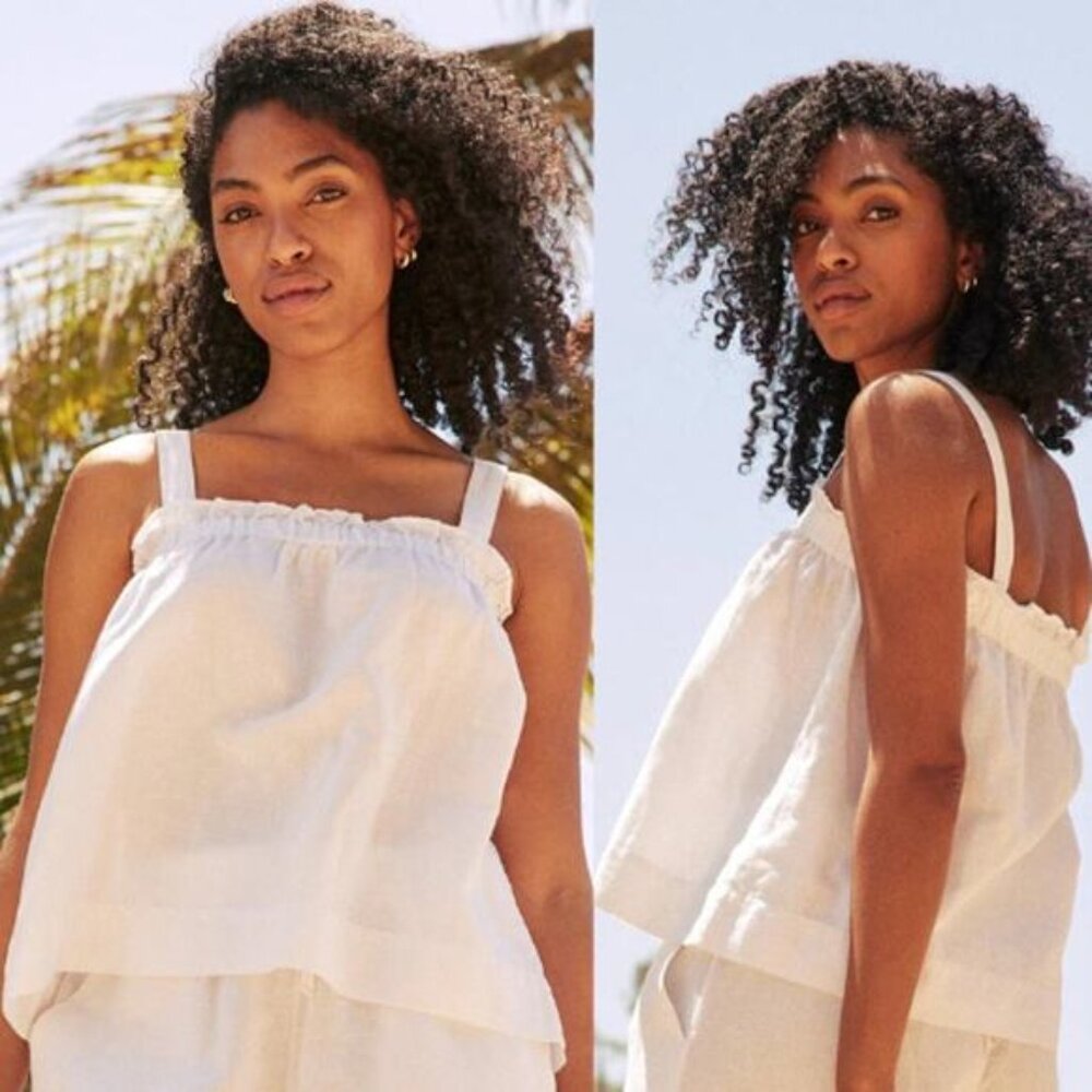 NWT Unsubscribed Sleeveless Smocked Ruffle Neck Linen Tank White Size: Medium